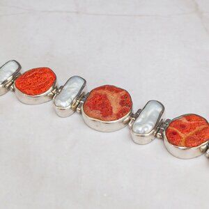 Sterling Silver Coral & Pearl Link Bracelet – Adjustable 7.75"–8.5" – Artisan
